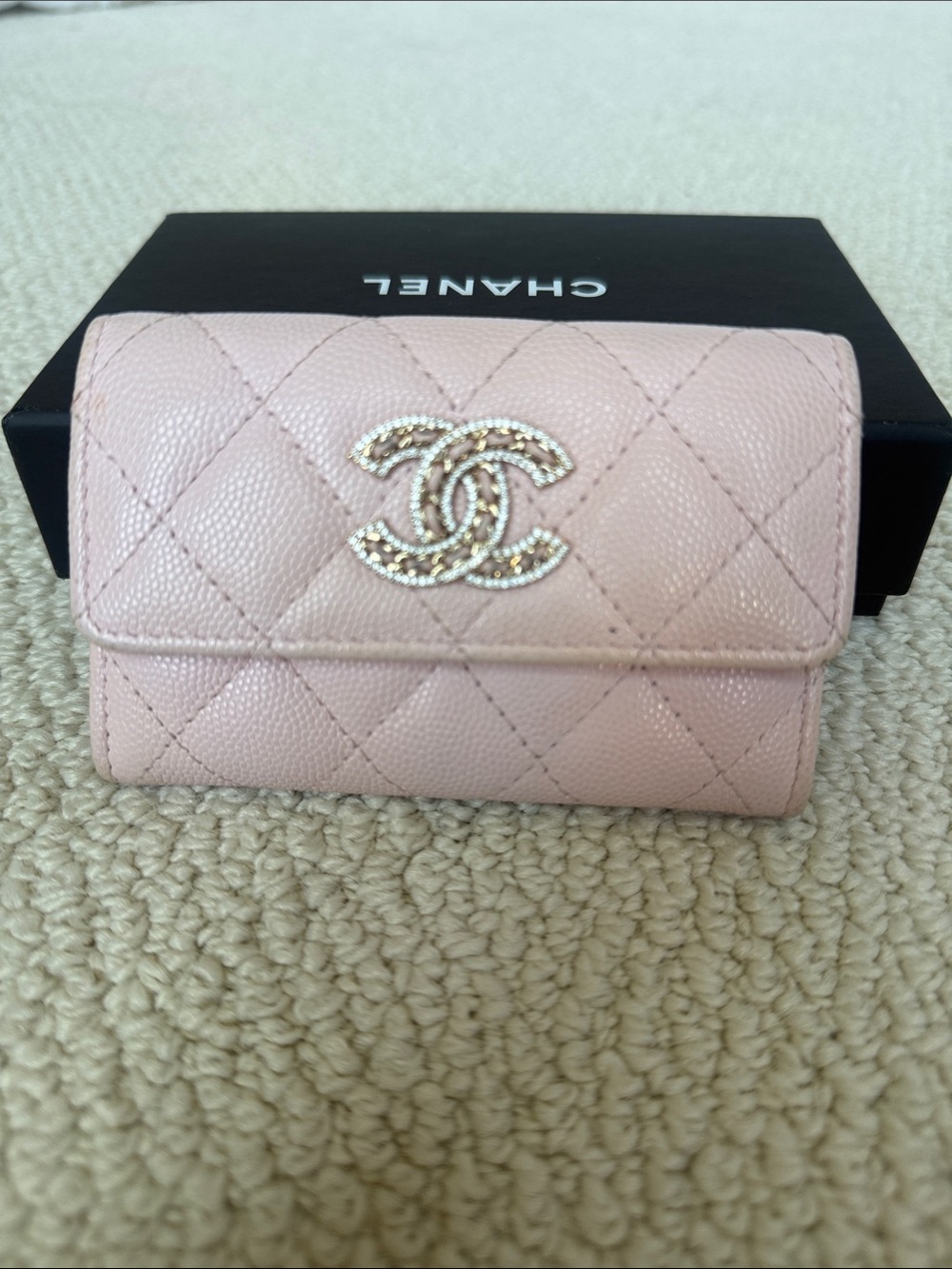 CHANEL Pink Quilted Caviar Crystal  CC Logo flap Wallet